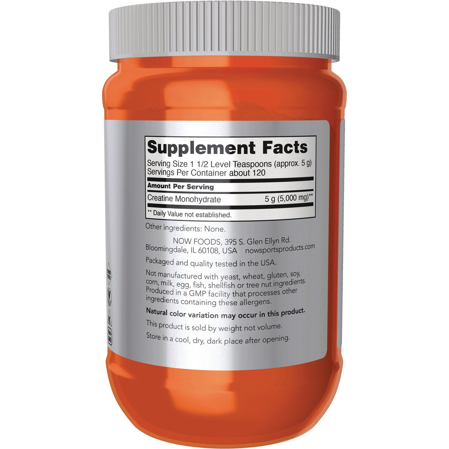 NWF875 | back of orange supplement bottle showing Supplement Facts panel listing Creatine Monohydrate 5 g and product information