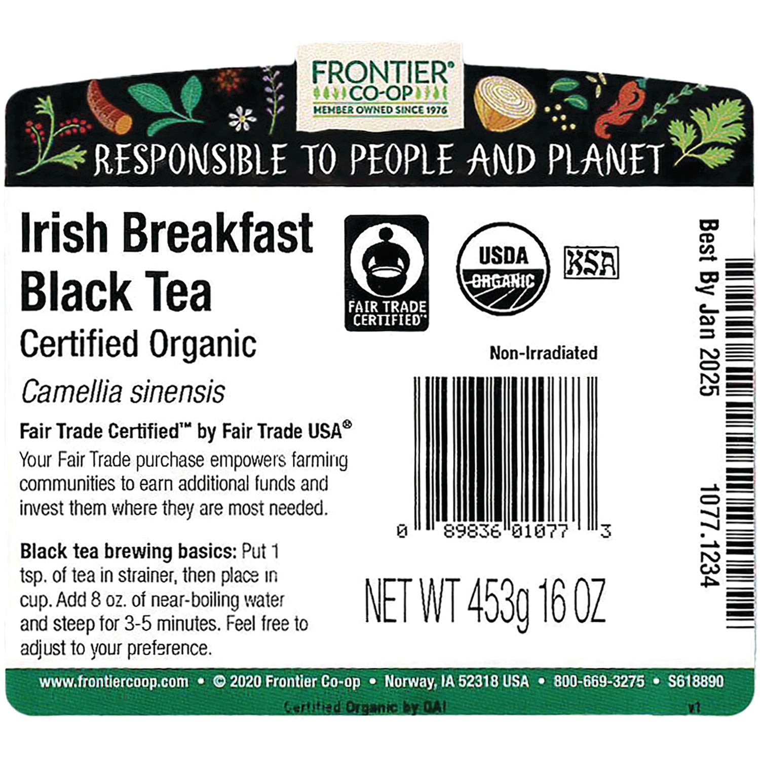 FNP027 | Back label of Frontier Co-op Irish Breakfast Black Tea showing certifications, barcode, brewing instructions, NET WT 453g 16 OZ