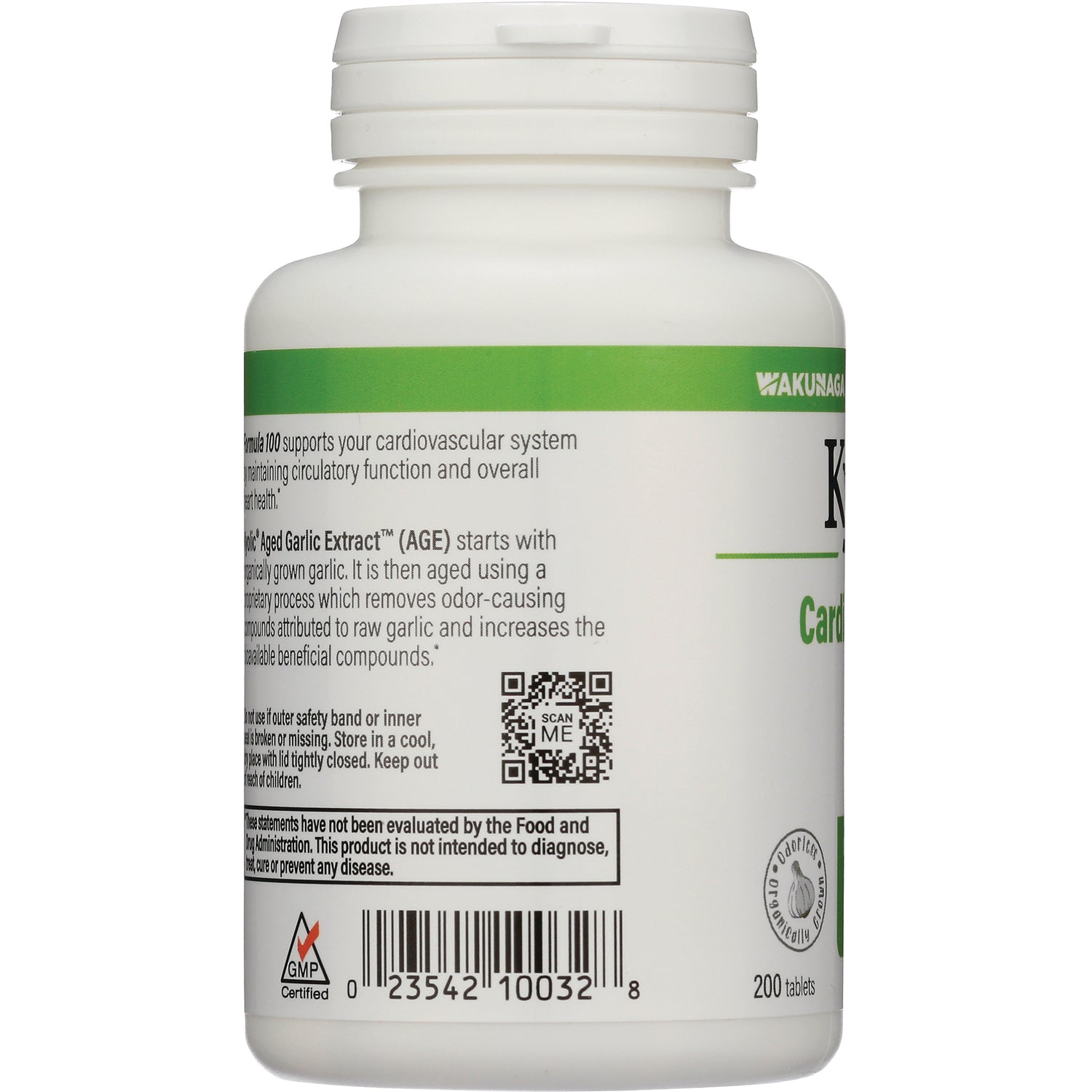 KY120 | back label of white supplement bottle with barcode, QR code, ingredient text and 200 tablets