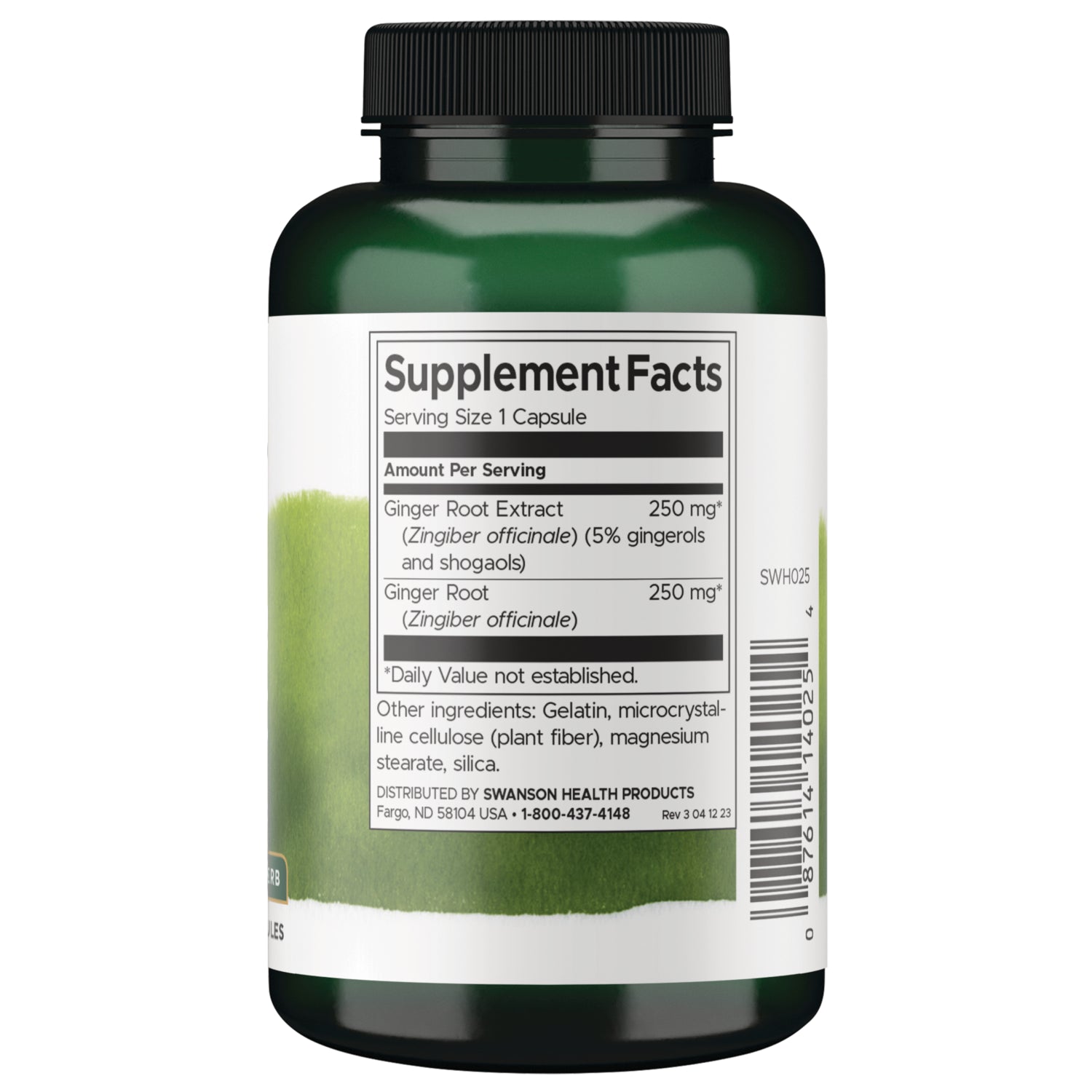 SWH025 | Back of supplement bottle showing Supplement Facts for ginger root capsules and barcode