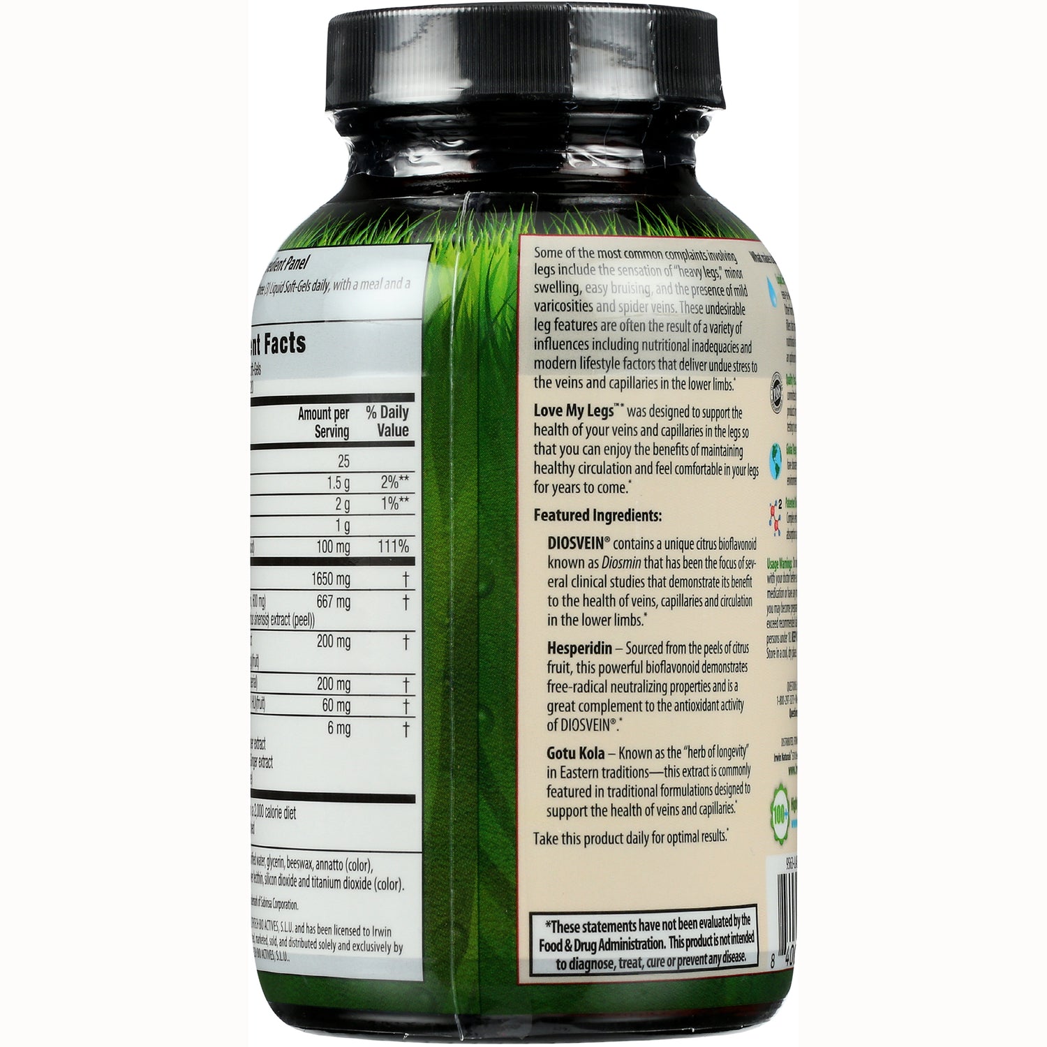 IR194 | back of green supplement bottle showing Supplement Facts panel and featured ingredients including Love My Legs