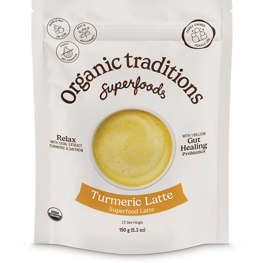 OTR082 | Front pouch of Organic Traditions Turmeric Latte superfood pouch showing cup of yellow latte and branding - Thumbnail