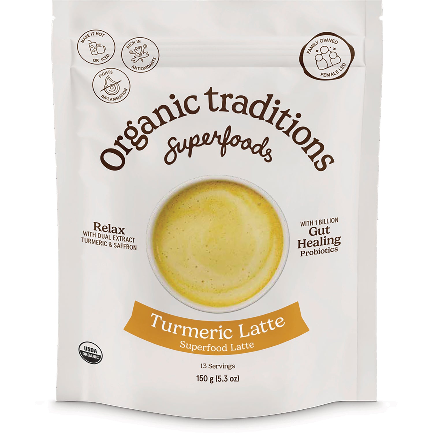 OTR082 | Front pouch of Organic Traditions Turmeric Latte superfood pouch showing cup of yellow latte and branding