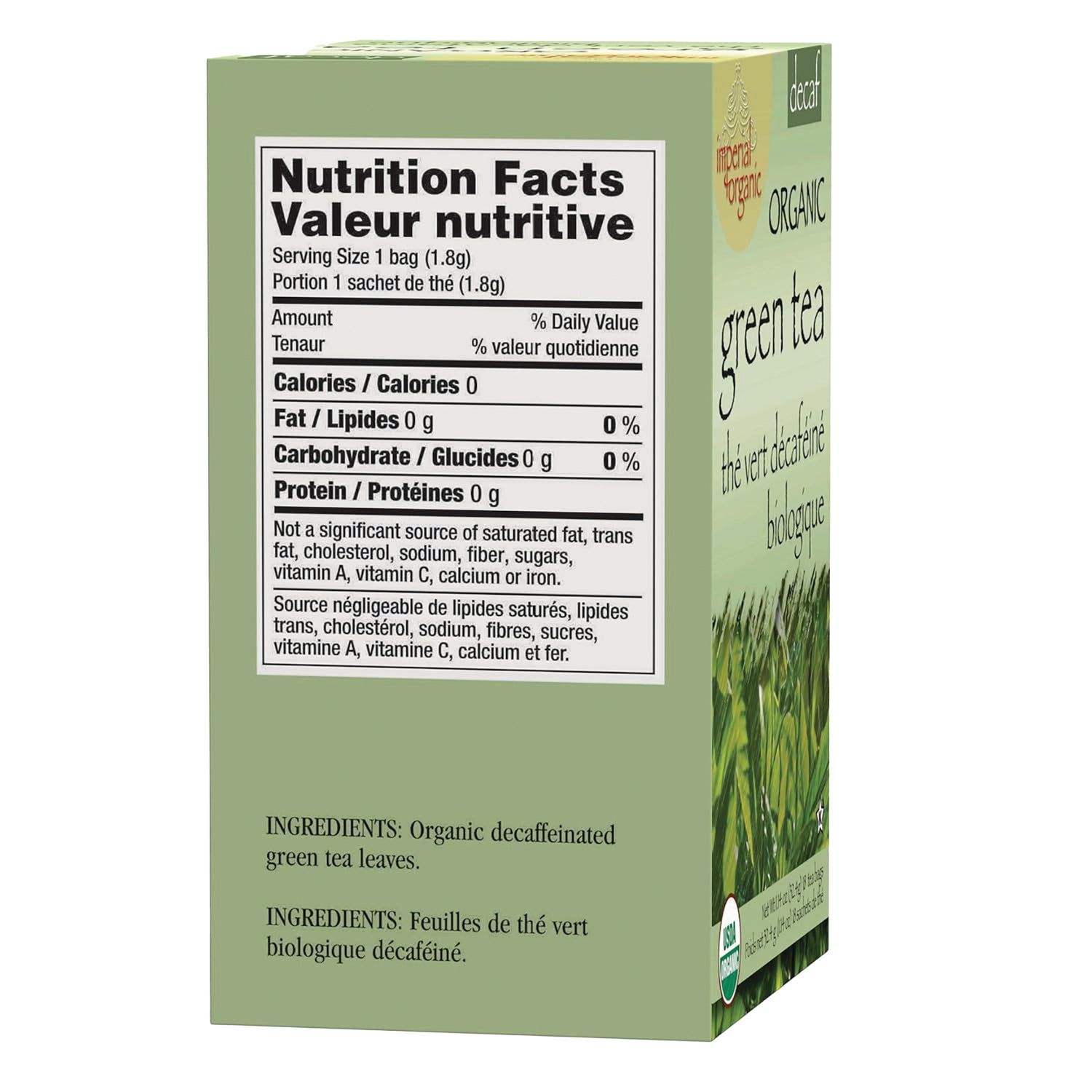 UL005 | Back of organic decaffeinated green tea box showing Nutrition Facts and ingredients