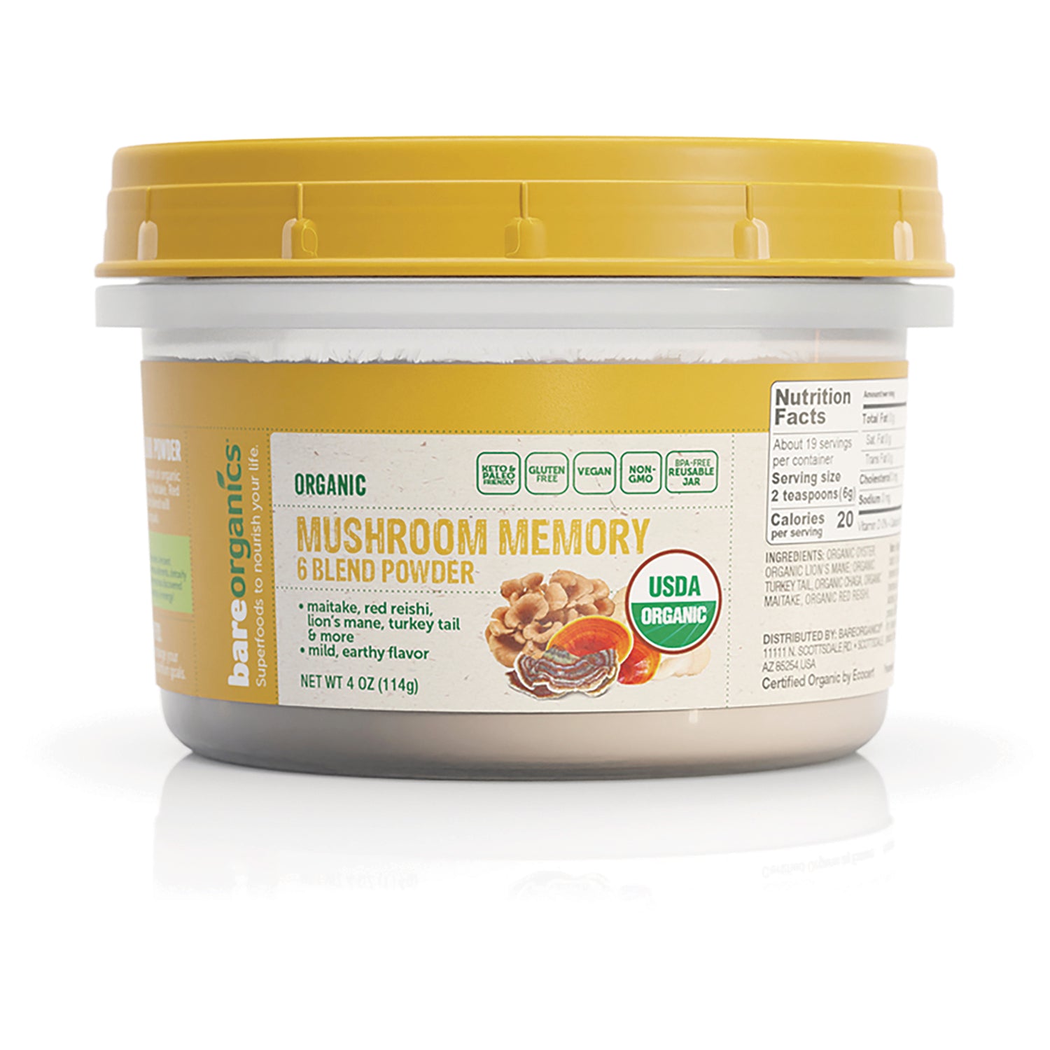 BOR028 | Front view of jar labeled MUSHROOM MEMORY 6 BLEND POWDER USDA ORGANIC with yellow lid