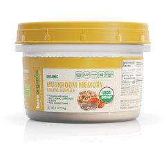 BOR028 | Front view of jar labeled MUSHROOM MEMORY 6 BLEND POWDER USDA ORGANIC with yellow lid
