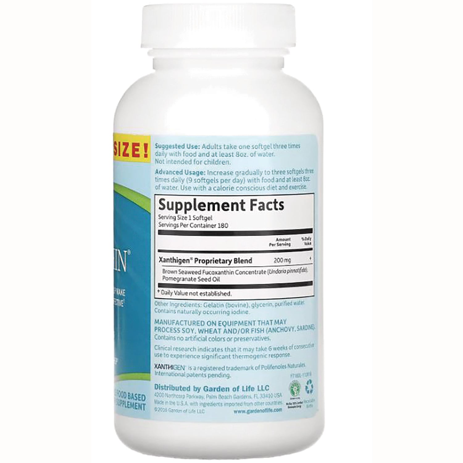 GLF039 | white supplement bottle back showing Supplement Facts panel, ingredients and suggested use