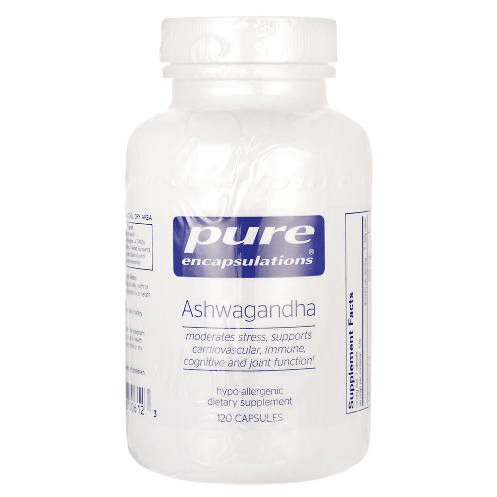 Pure Encapsulations Ashwagandha white supplement bottle front label 120 capsules - Thumbnail