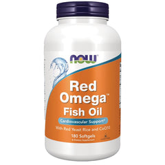 NWF908 | NOW Red Omega Fish Oil bottle, front label reading Red Omega Fish Oil, Cardiovascular Support, 180 Softgels