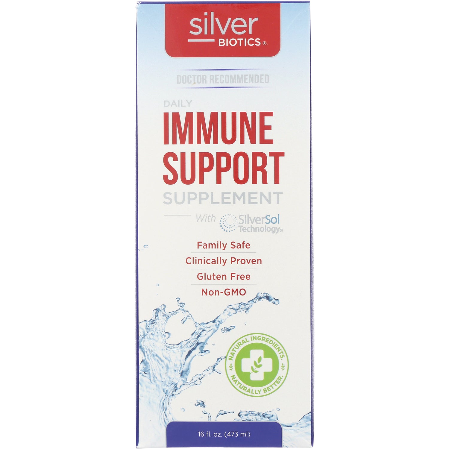 ABL004 | Silver Biotics Daily Immune Support supplement box front with 'Family Safe, Clinically Proven, Gluten Free, Non-GMO'
