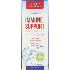 ABL004 | Silver Biotics Daily Immune Support supplement box front with 'Family Safe, Clinically Proven, Gluten Free, Non-GMO'