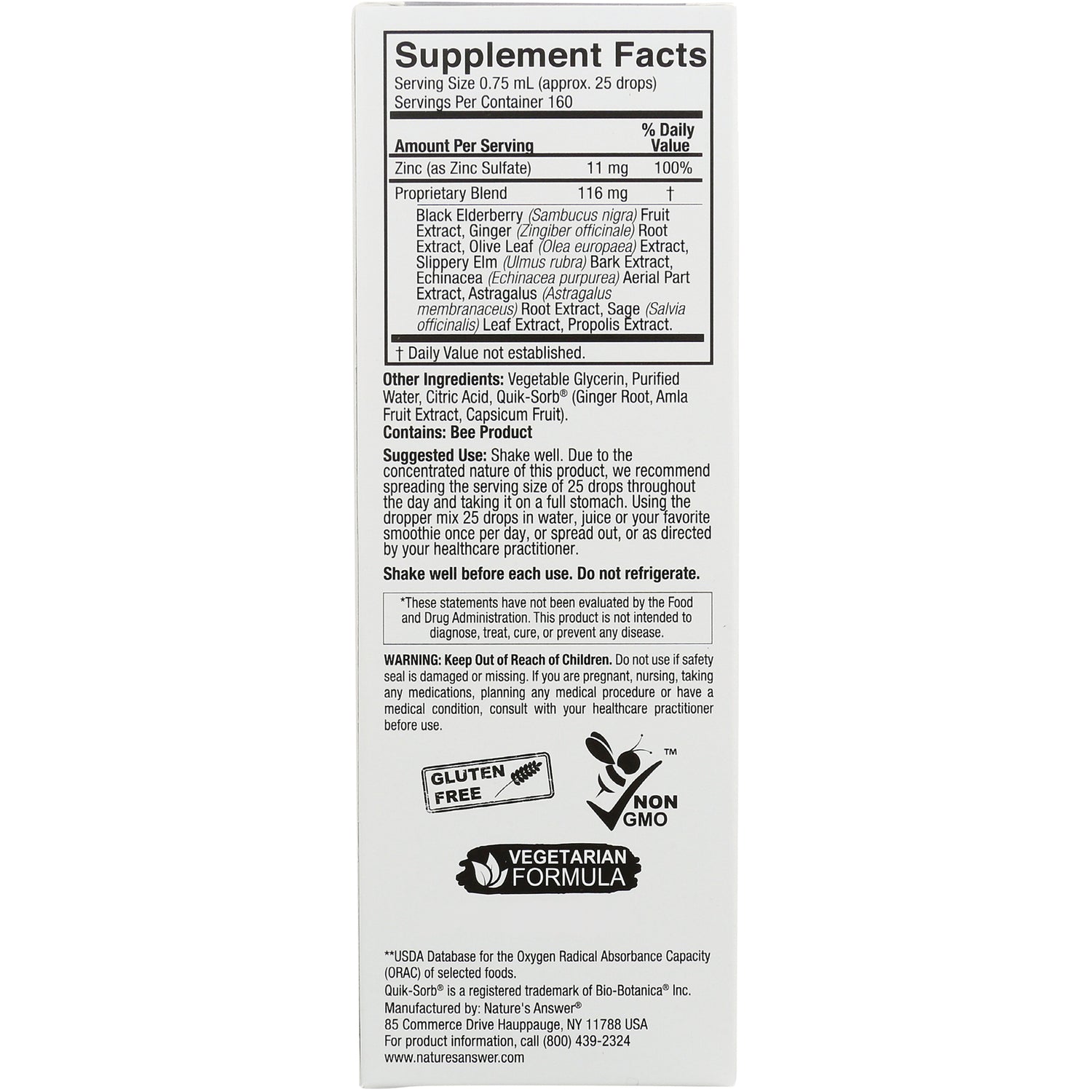 NAT409 | Supplement facts panel, ingredients, suggested use, warnings and certification icons on product back