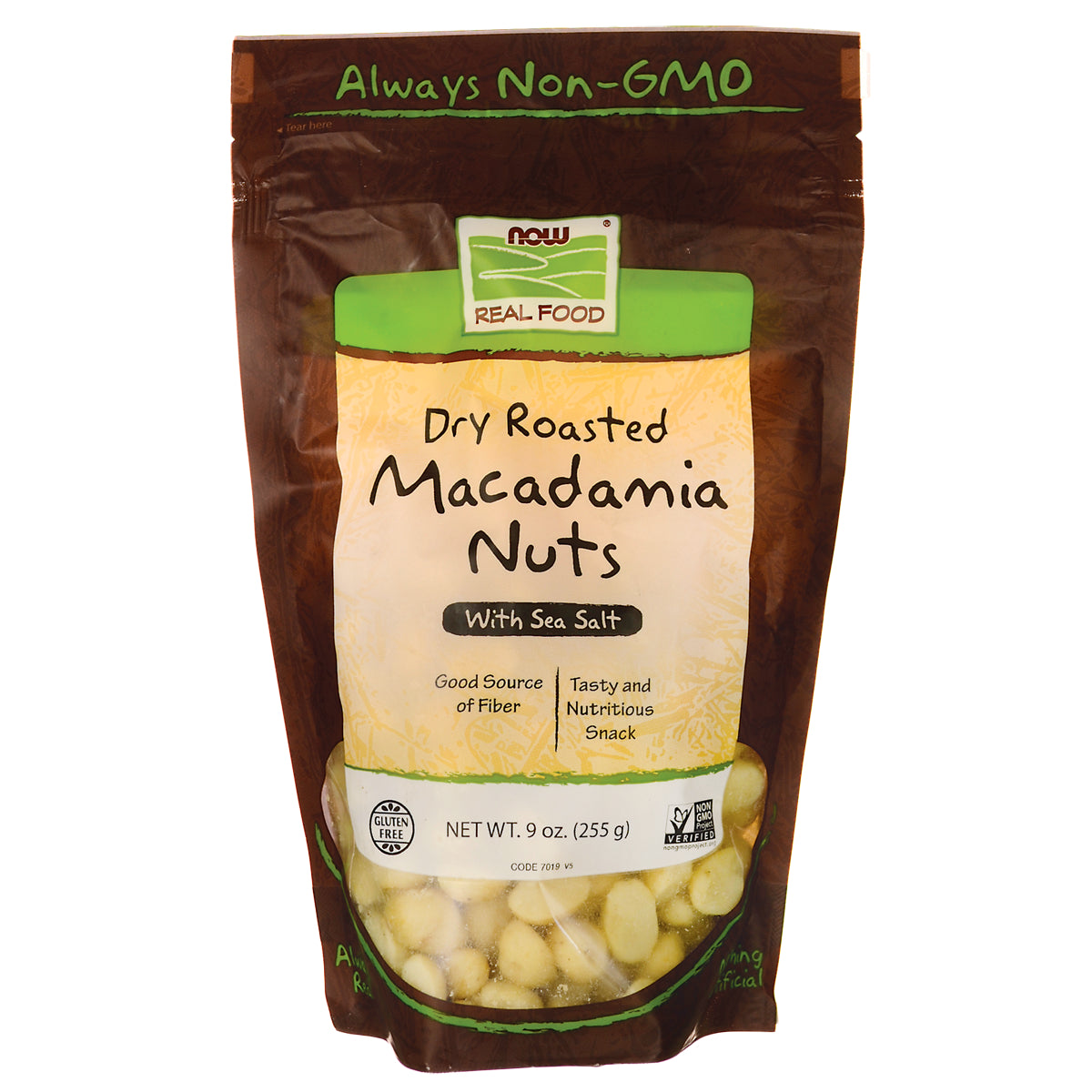 NWF980 | NOW Real Food dry roasted macadamia nuts with sea salt front pouch showing net wt 9 oz