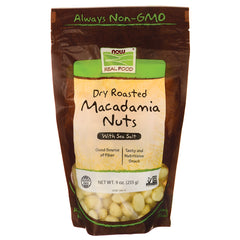 NWF980 | NOW Real Food dry roasted macadamia nuts with sea salt front pouch showing net wt 9 oz