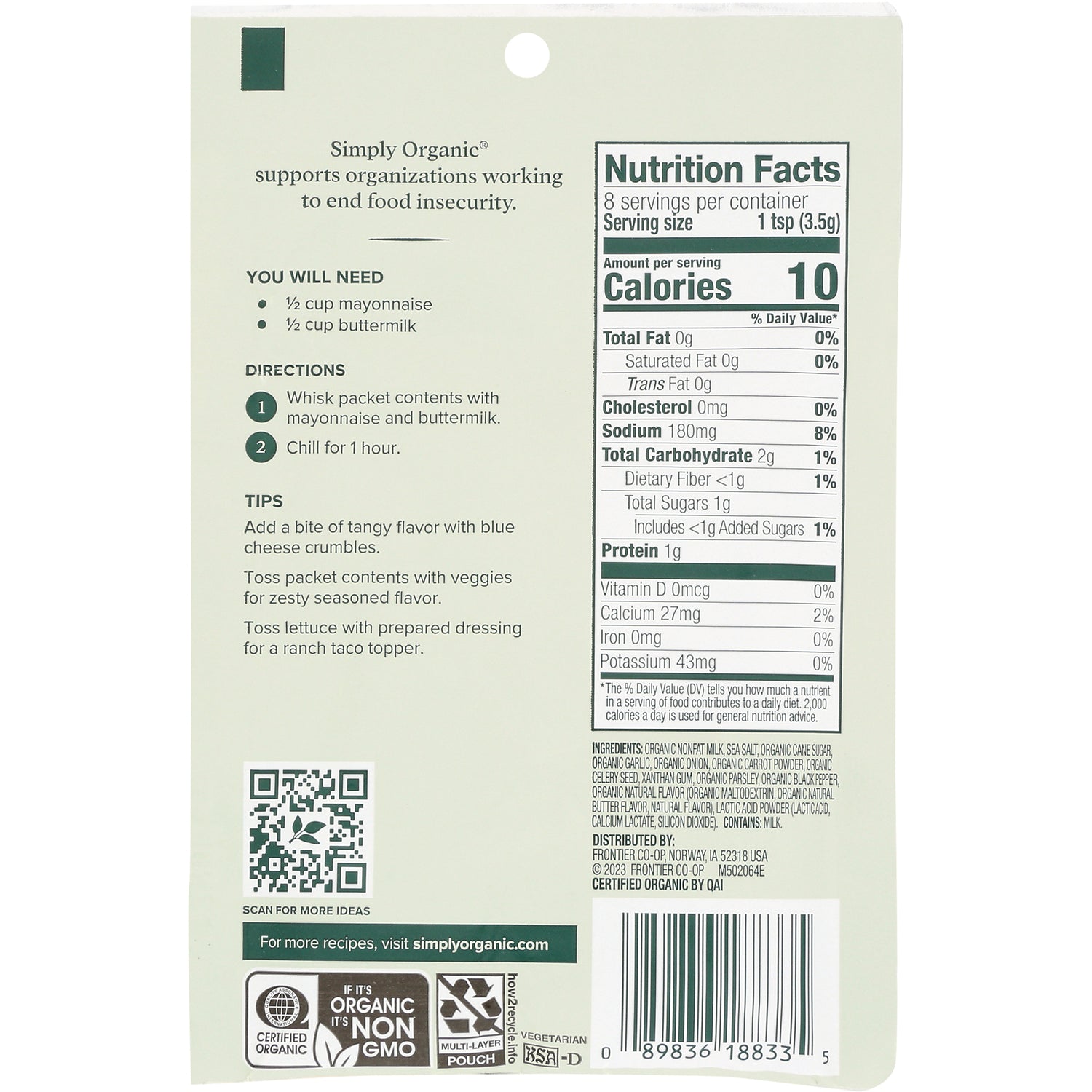 SMP042 | Back panel showing nutrition facts, ingredients, directions, QR code and barcode