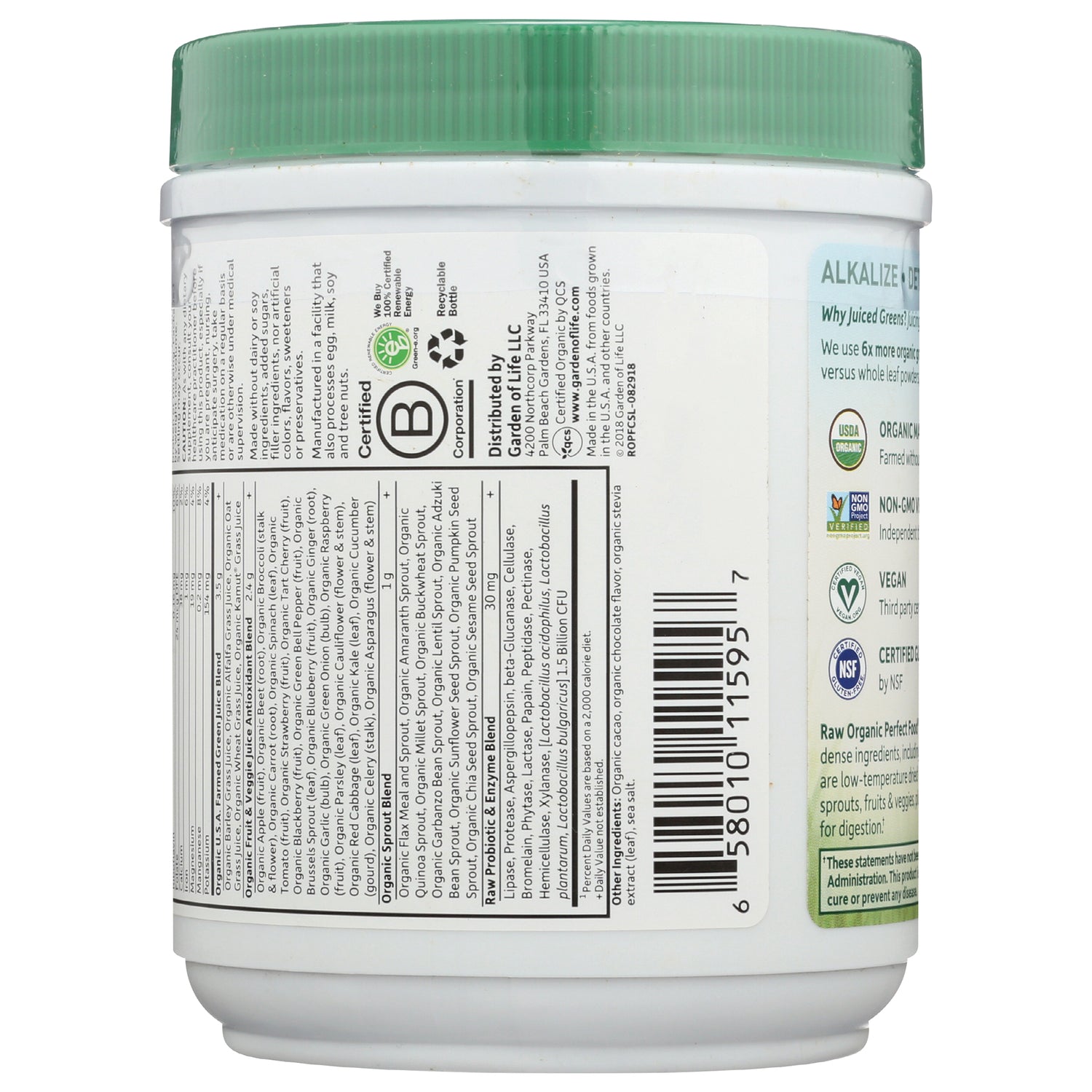 GLF141 | container back label showing nutrition facts, ingredients list, barcode and certification icons
