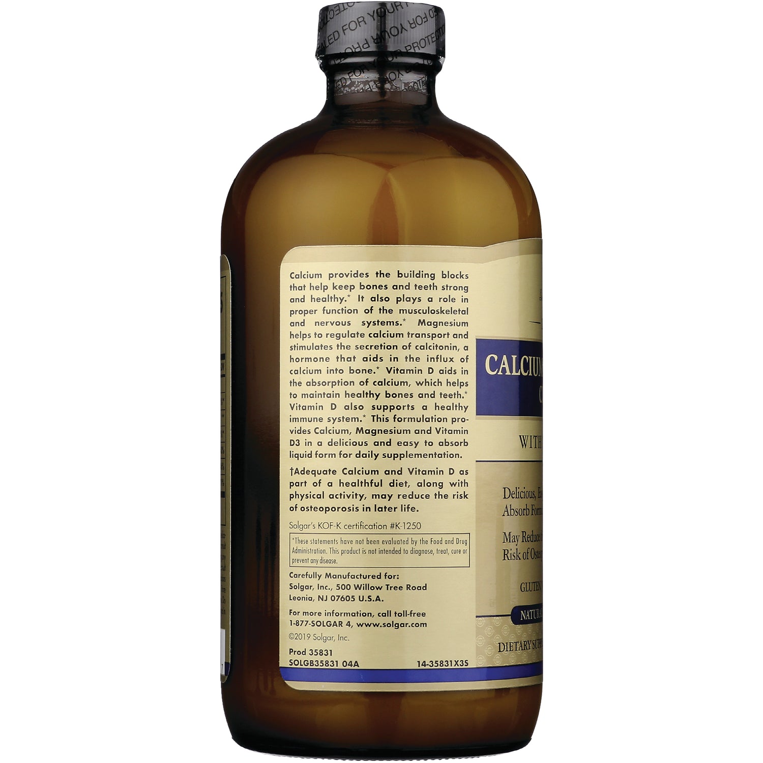 SLG317 | back of brown supplement bottle with product infographic label reading CALCIUM and ingredient text