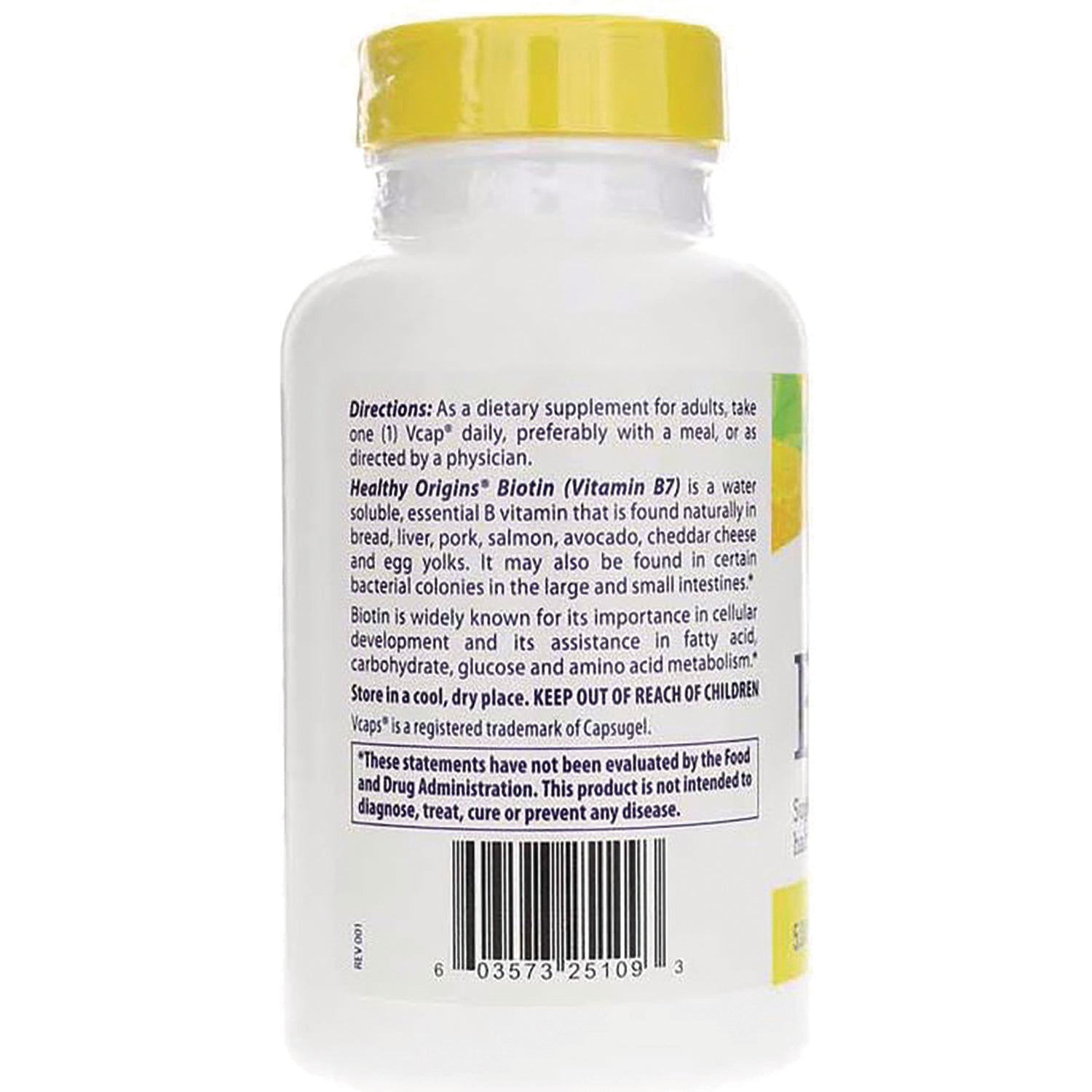 HRG095 | back label of white supplement bottle showing directions text, warning box and barcode