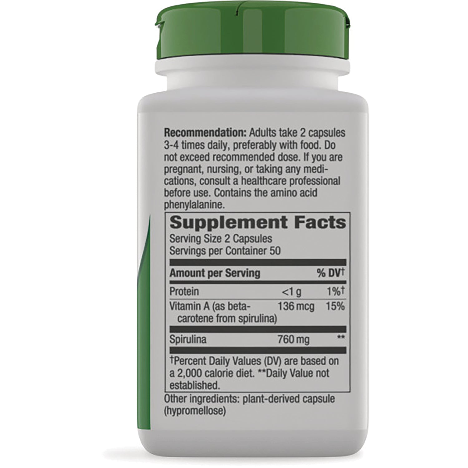 NW169 | Back label showing Supplement Facts nutrition panel with serving size 2 capsules and spirulina 760 mg
