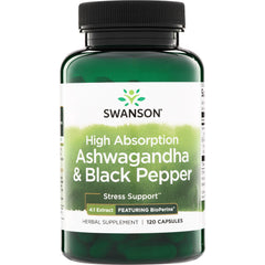 SW1822 | Swanson High Absorption Ashwagandha & Black Pepper, Stress Support, 120 capsules, 4:1 extract featuring BioPerine