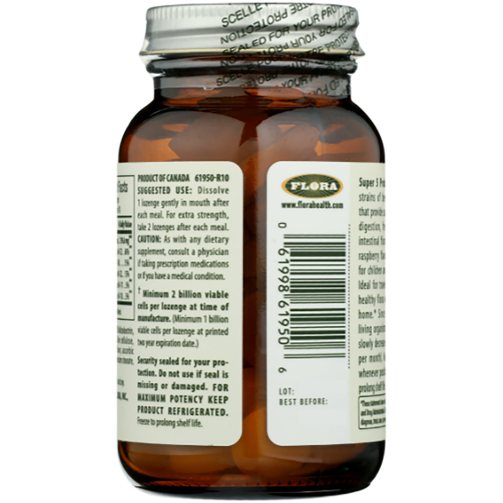 FL063 | Back of amber supplement bottle showing barcode, Flora logo, and text with usage and storage instructions - Thumbnail