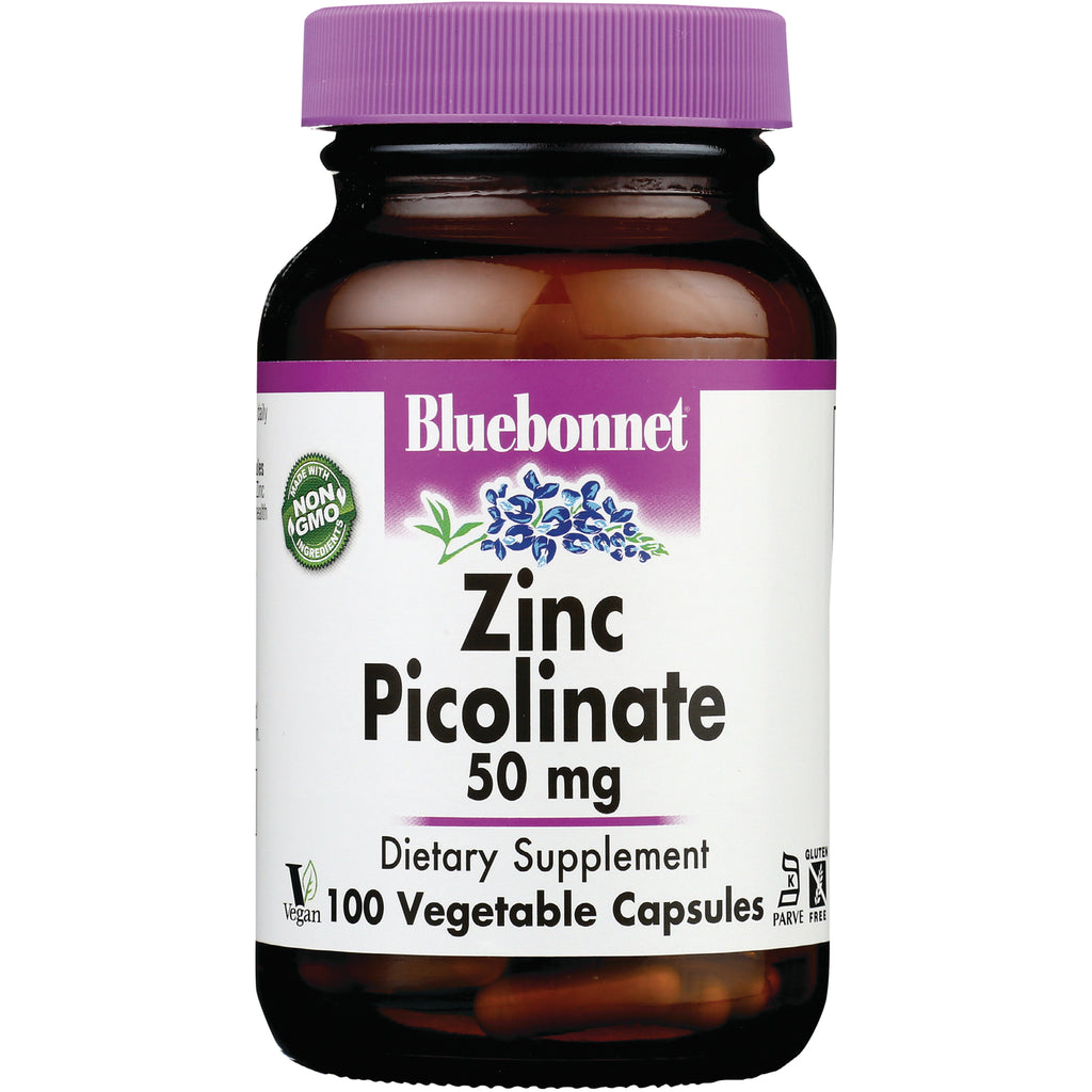 BLU138 | Bluebonnet Zinc Picolinate 50 mg dietary supplement bottle, 100 vegetable capsules, purple cap - Thumbnail