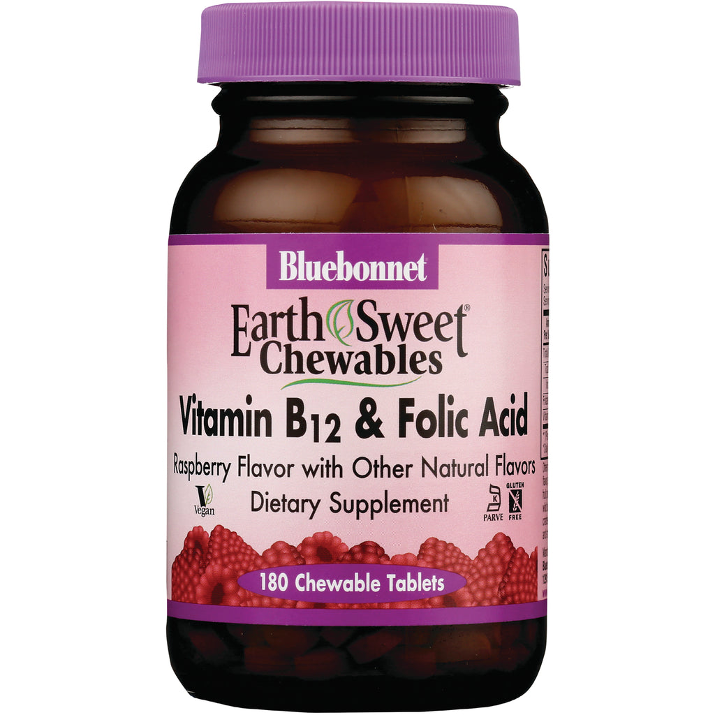 BLU074 | Bluebonnet EarthSweet chewable Vitamin B12 and folic acid bottle, raspberry flavor, purple cap, 180 tablets - Thumbnail