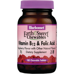 BLU074 | Bluebonnet EarthSweet chewable Vitamin B12 and folic acid bottle, raspberry flavor, purple cap, 180 tablets