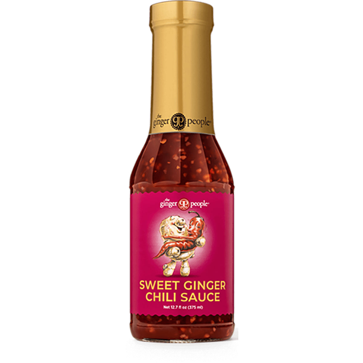 GPE011 | bottle of Sweet Ginger Chili Sauce with pink label and gold cap labeled SWEET GINGER CHILI SAUCE