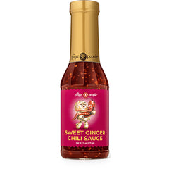 GPE011 | bottle of Sweet Ginger Chili Sauce with pink label and gold cap labeled SWEET GINGER CHILI SAUCE