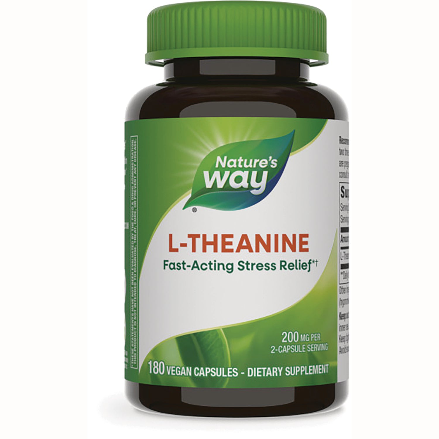 ET391 | Nature's Way L-THEANINE supplement bottle with green cap, label Fast-Acting Stress Relief, 180 vegan capsules
