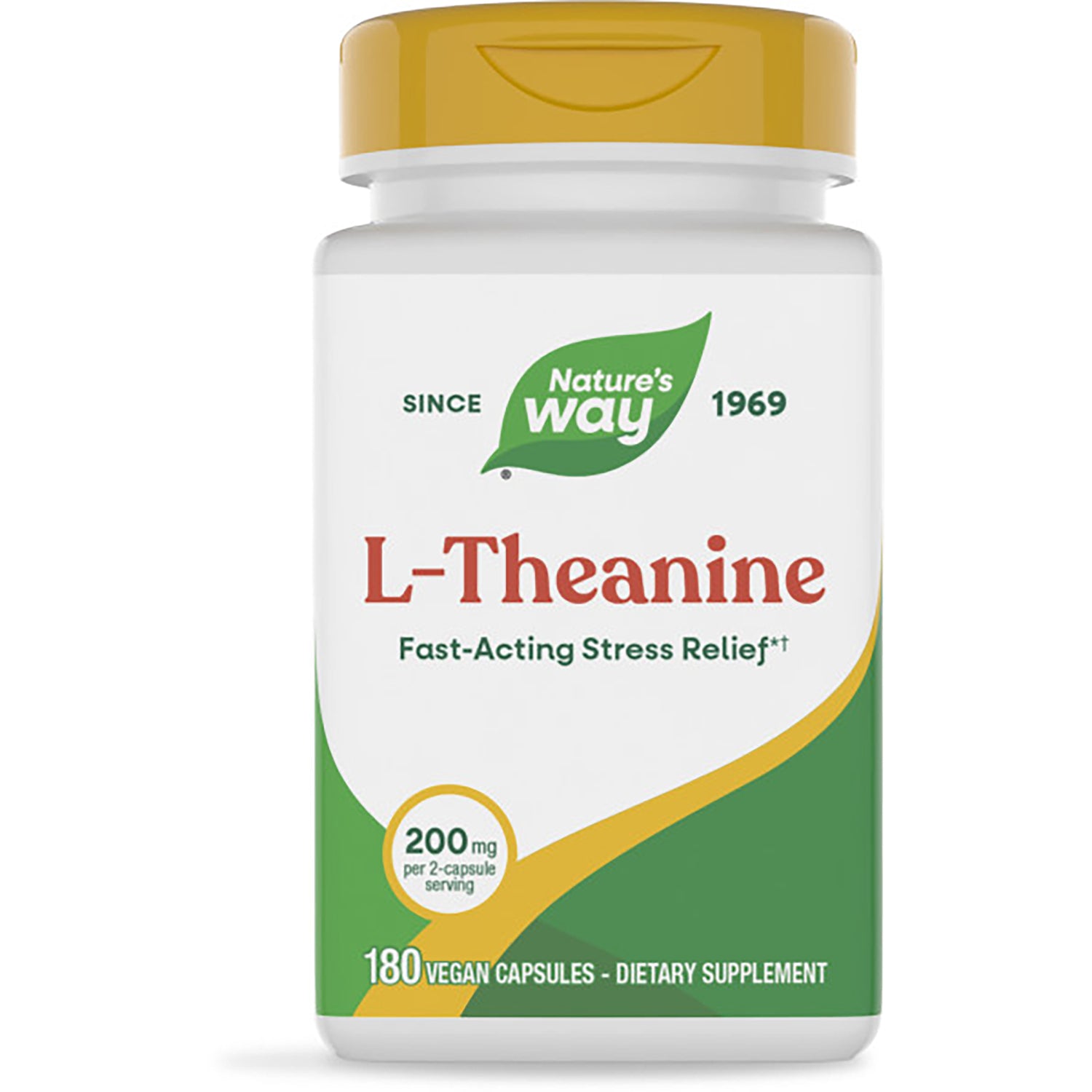 ET391 | Nature's Way L-THEANINE supplement bottle with green cap, label Fast-Acting Stress Relief, 180 vegan capsules