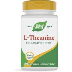 ET391 | Nature's Way L-THEANINE supplement bottle with green cap, label Fast-Acting Stress Relief, 180 vegan capsules