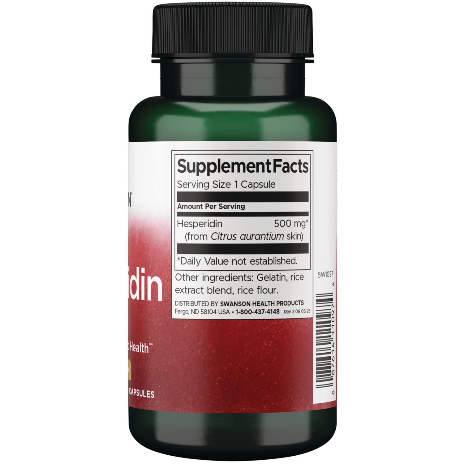 SW1097 | Back of supplement bottle with Supplement Facts: Serving Size 1 Capsule; Hesperidin 500 mg