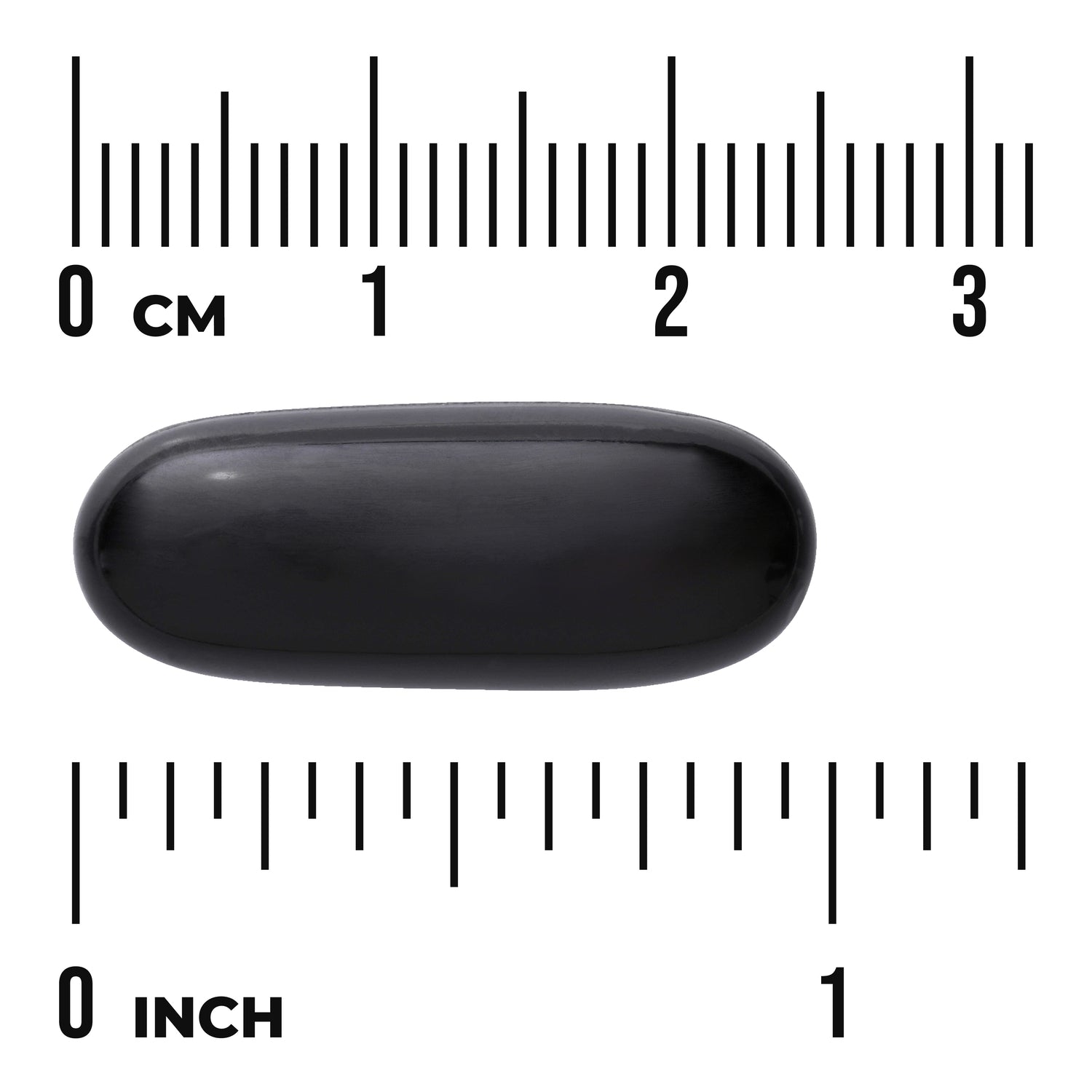 SW217 | Black softgel capsule with size scale in centimeters and inches