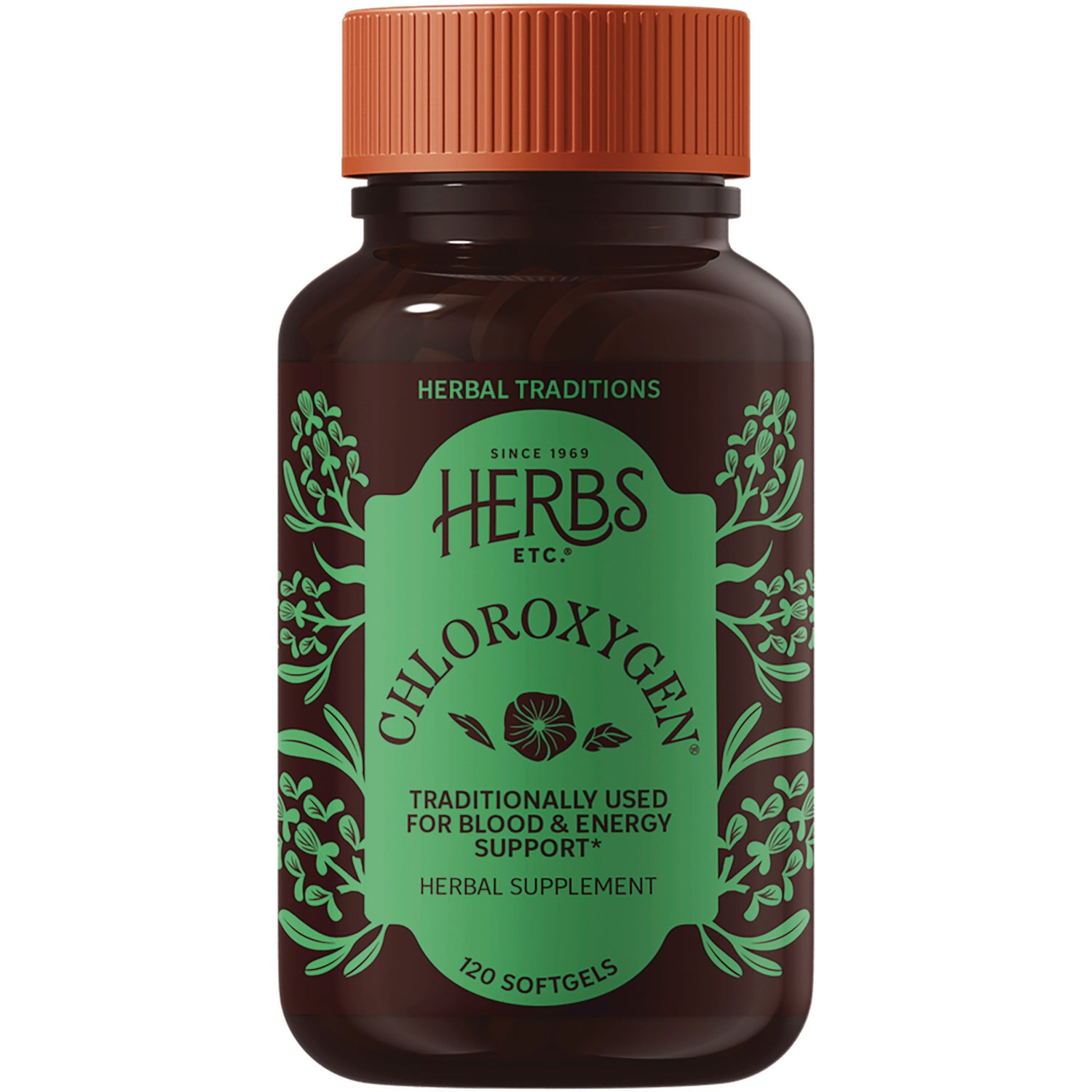 HE112 | Front view of brown bottle labeled CHLOROXYGEN herbal supplement 120 softgels