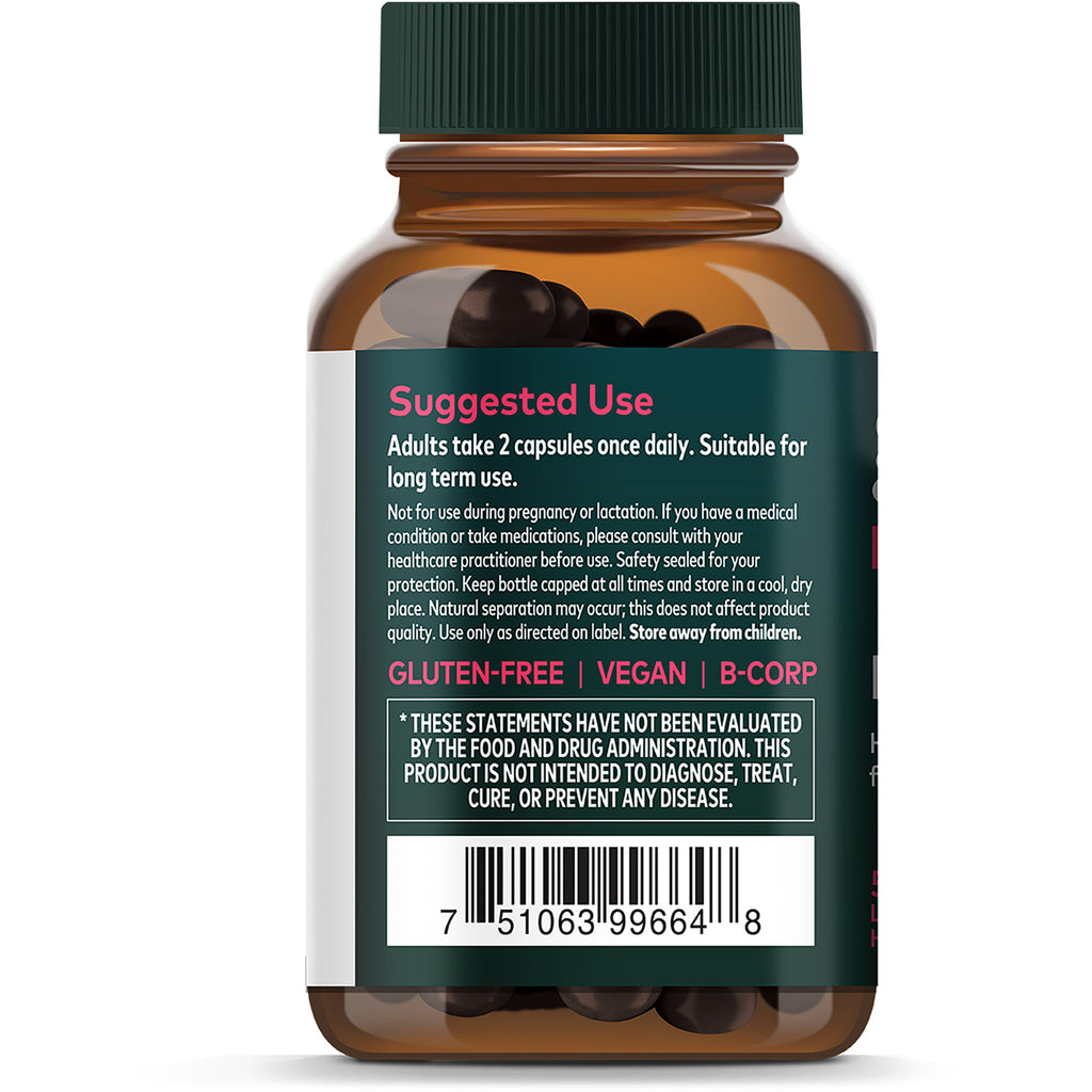 GH039 | Supplement back label with Suggested Use: Adults take 2 capsules once daily, gluten-free and vegan badges, barcode - Thumbnail