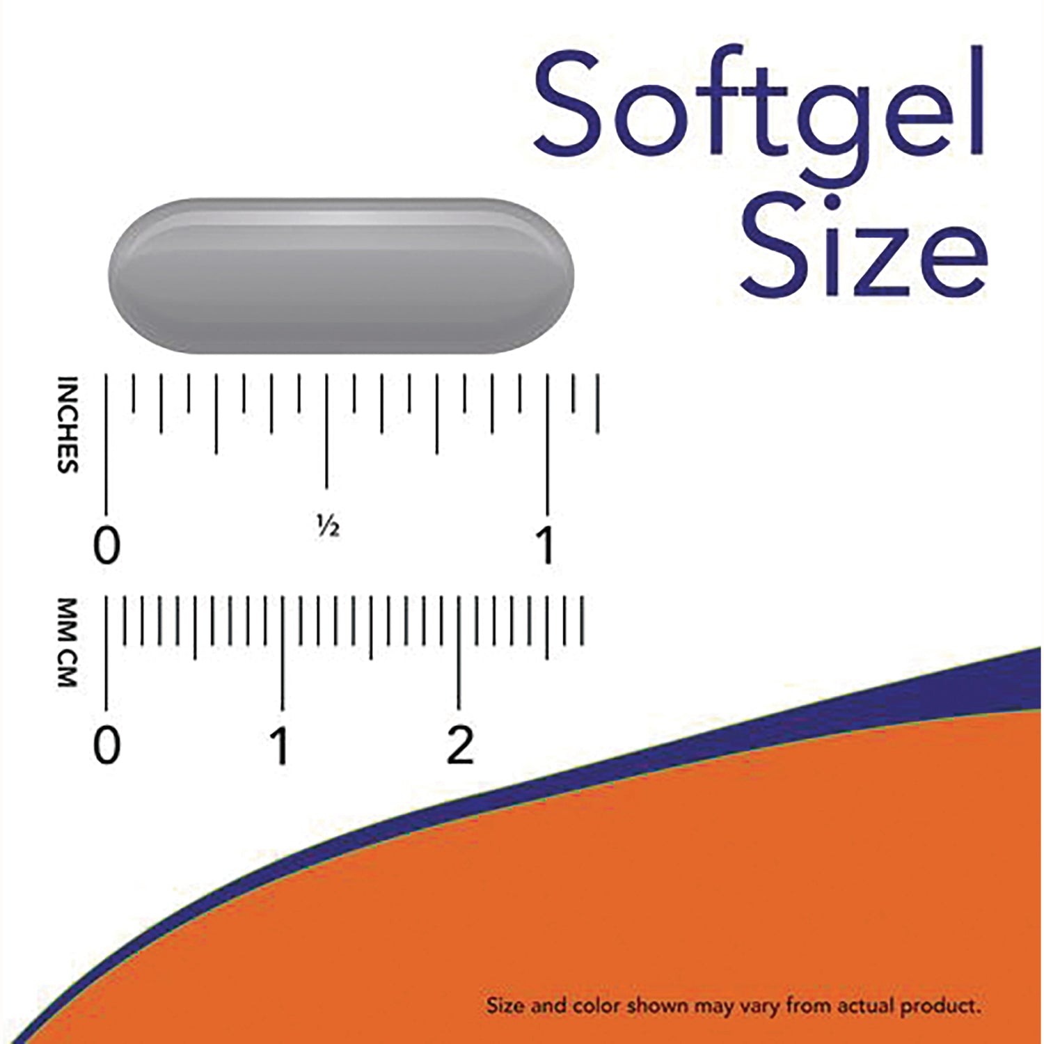 NWF884 | gray softgel placed above inch and centimeter rulers with text Softgel Size