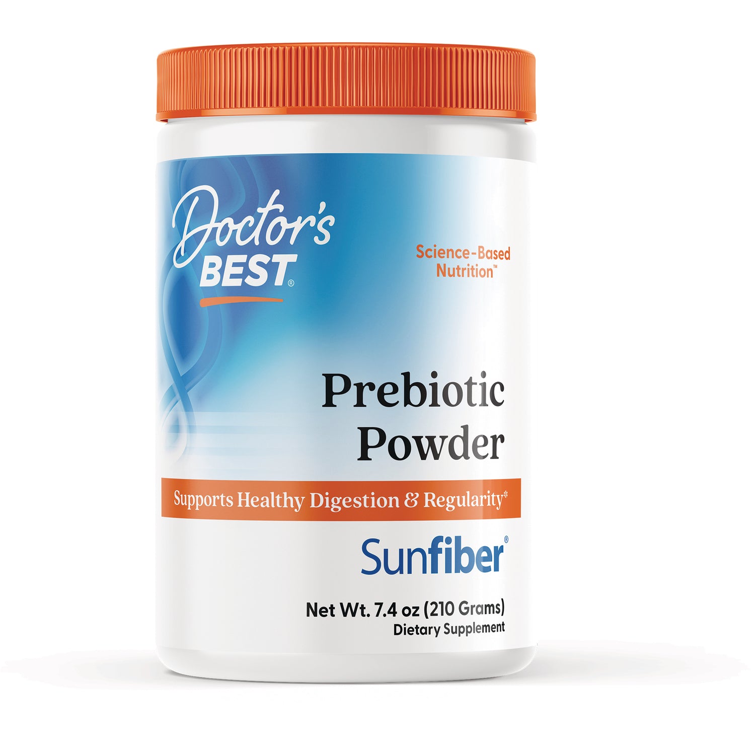 Doctor's Best Sunfiber Prebiotic Powder jar front label, supports healthy digestion, net wt 7.4 oz
