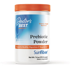 Doctor's Best Sunfiber Prebiotic Powder jar front label, supports healthy digestion, net wt 7.4 oz