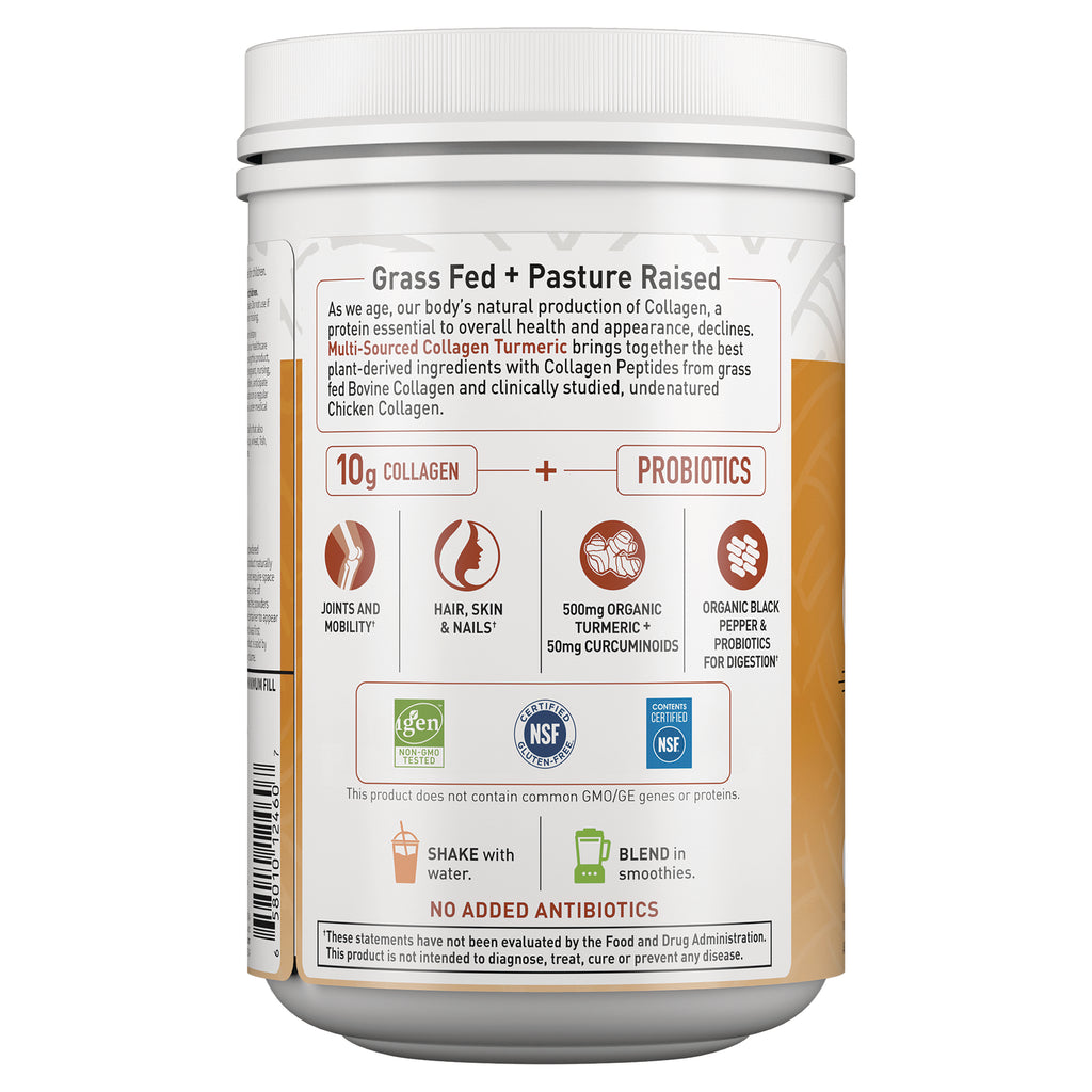 GLF281 | Back label of collagen supplement jar showing 10g collagen, probiotics, ingredient icons, certifications and usage instructions - Thumbnail