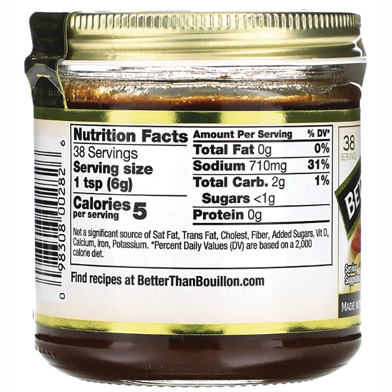 BOU004 | Jar back showing Nutrition Facts panel with serving size 1 tsp (6g), calories 5, sodium 710mg, and barcode