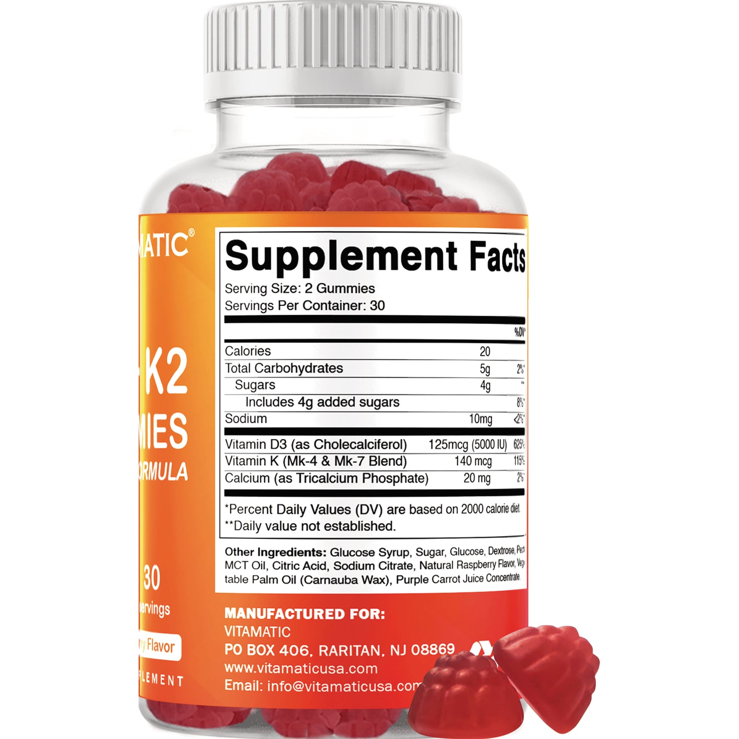 VAM022 | Back label with Supplement Facts for vitamin D3 + K2 gummies, serving size 2 gummies, 30 servings