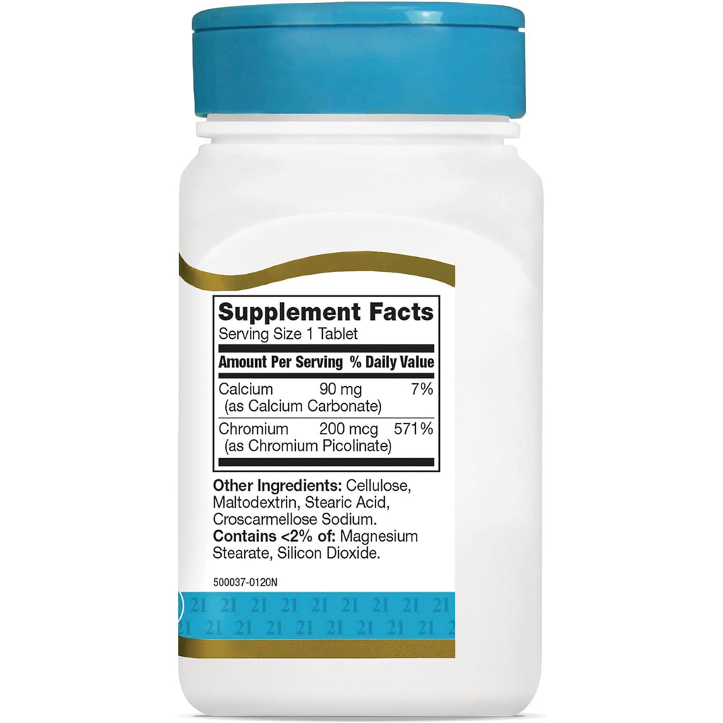 CNT035 | Back of white supplement bottle showing Supplement Facts label with Calcium 90 mg, Chromium 200 mcg and other ingredients - Thumbnail