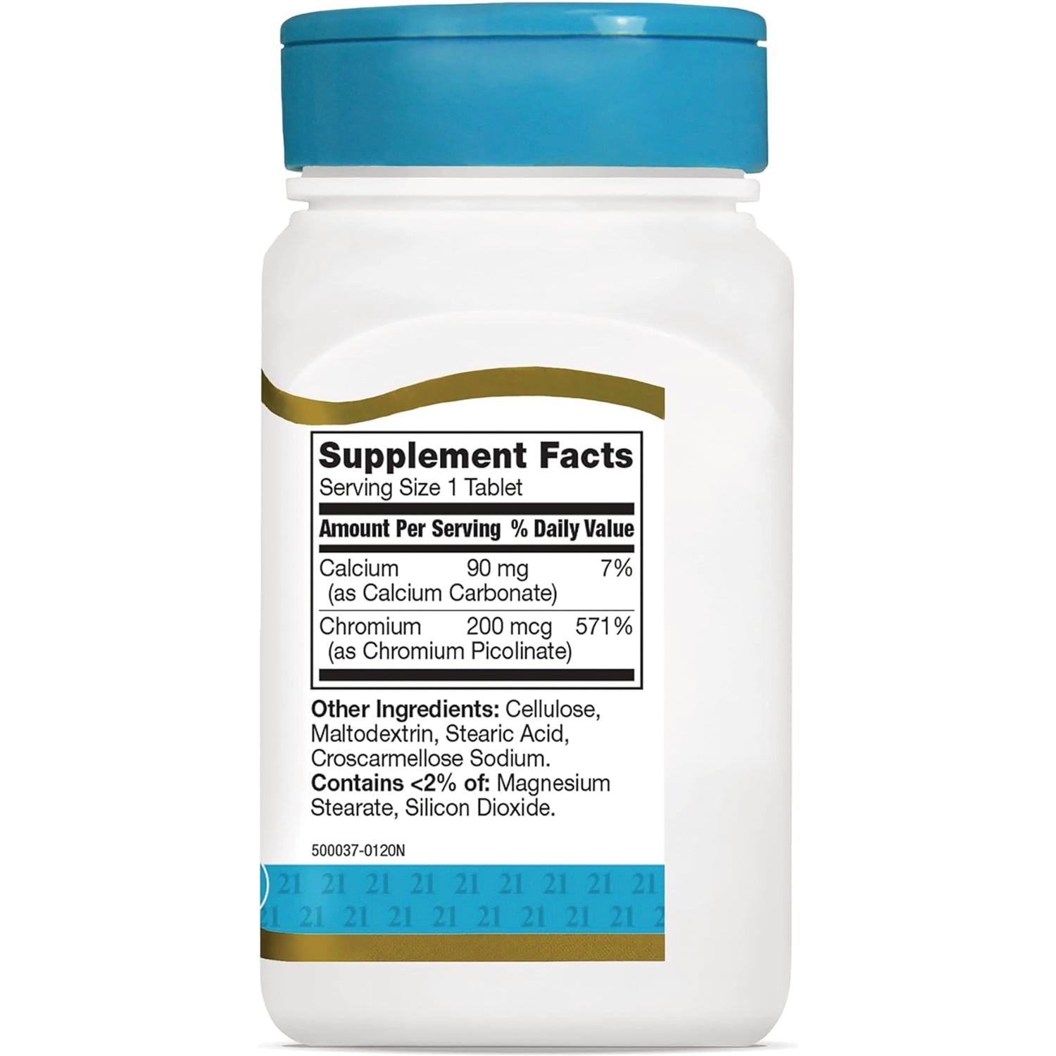 CNT035 | Back of white supplement bottle showing Supplement Facts label with Calcium 90 mg, Chromium 200 mcg and other ingredients