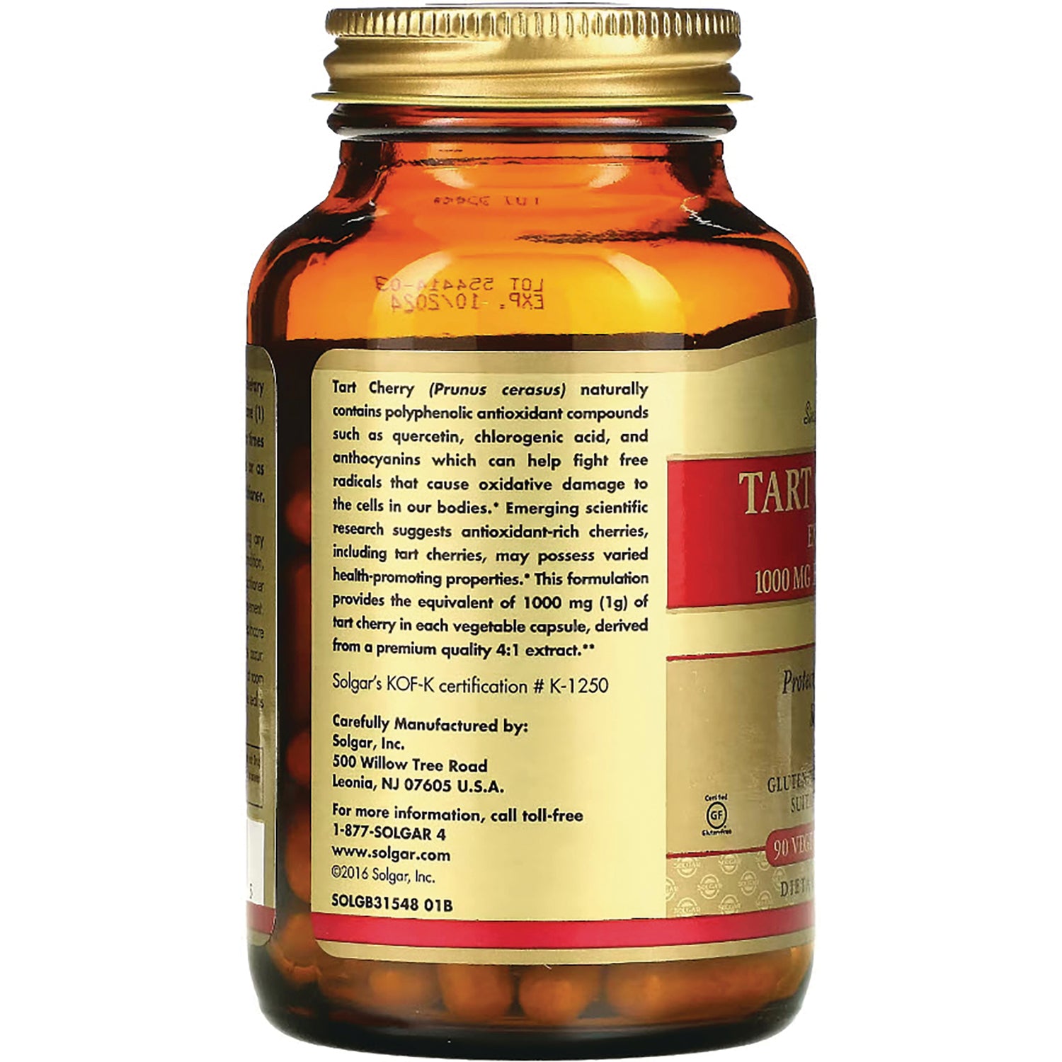 SLG302 | back label of amber tart cherry supplement bottle showing product description and manufacturer information