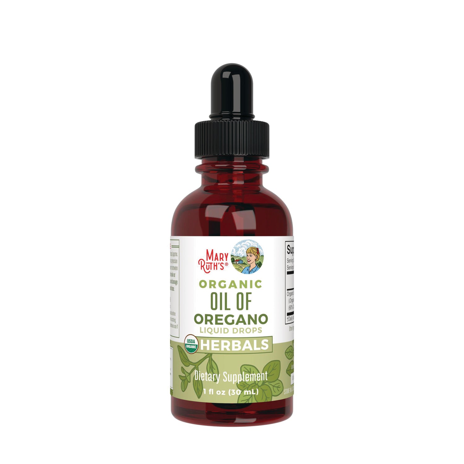 MRR042 | Amber dropper bottle labeled Mary Ruth's Organic Oil of Oregano liquid drops 1 fl oz dietary supplement