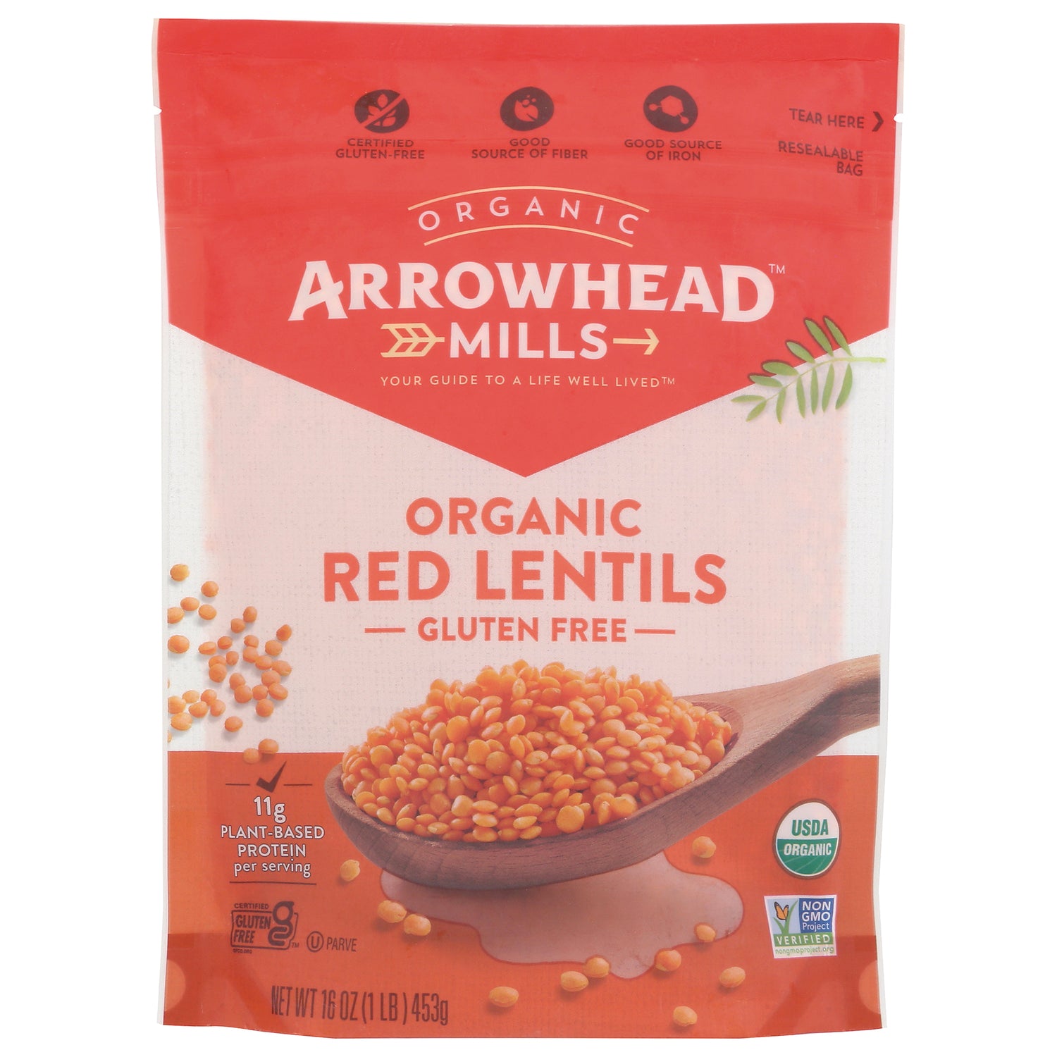 AHM067 | Arrowhead Mills organic red lentils pouch front packaging showing \