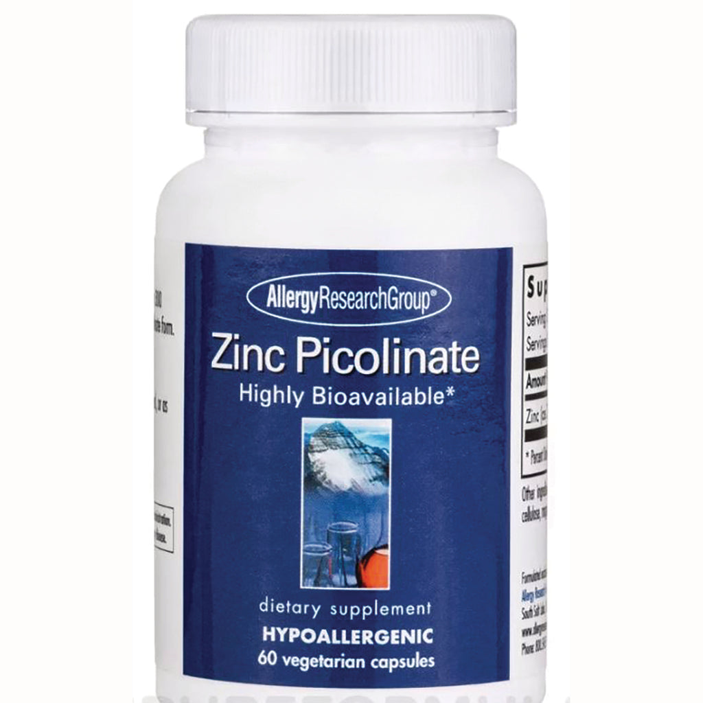 ARG027 | White bottle of AllergyResearchGroup Zinc Picolinate dietary supplement, hypoallergenic, 60 vegetarian capsules - Thumbnail