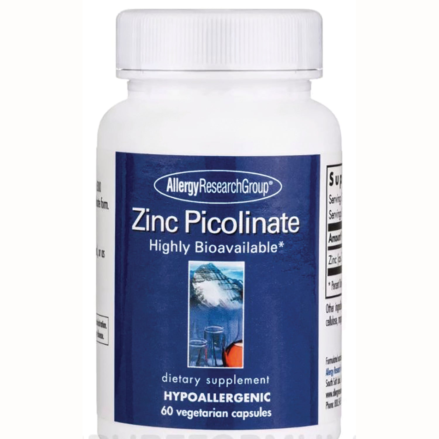 ARG027 | White bottle of AllergyResearchGroup Zinc Picolinate dietary supplement, hypoallergenic, 60 vegetarian capsules